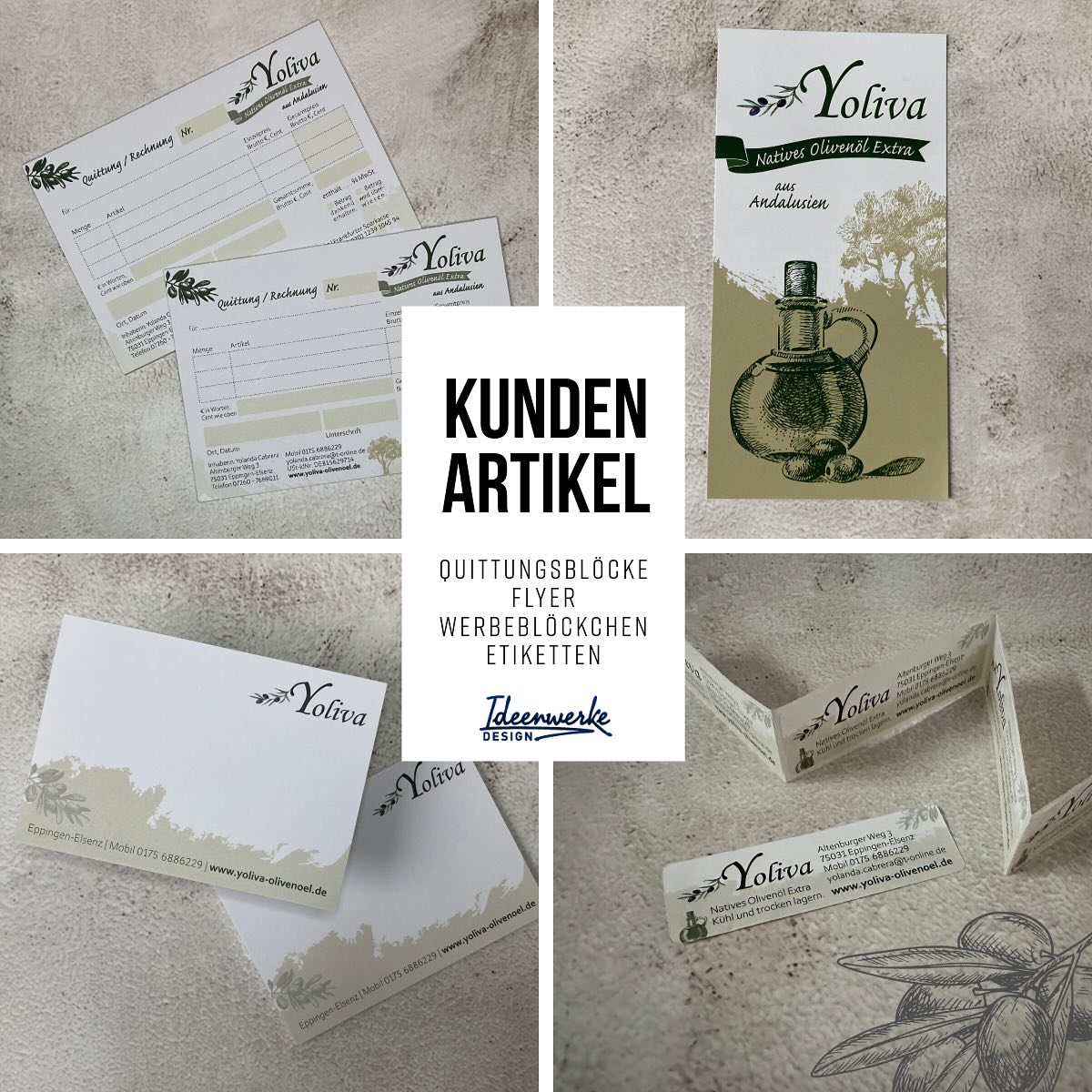 🫒 YOLIVA Olivenöl 🇪🇸✨
Yolanda hat mir ihr Vertrauen geschenkt – und jetzt gibt’s:
✨ Stilvolle Etiketten,
🎁 Blöcke als kleines Mitbringsel,
🧾 Quittungsblöcke,
🗺️ und informative Flyer mit allem Wissenswerten über das goldene Öl aus Andalusien.

Die Werbematerialien sind mit viel Liebe zum Detail gestaltet 🎨🌿 – und passen perfekt zur Premium-Qualität des Olivenöls 🫒

📍 Wer mag: Einfach mal probieren 😋
👉 https://yoliva-olivenoel.de/
Oder Yolanda direkt auf einem der Märkte treffen!

#yoliva #olivenölausandalusien #Ideenwerke #GrafikDesign #DesignMitHerz #Olivenöl #andalusien #etikett #Eppingen #elsenz