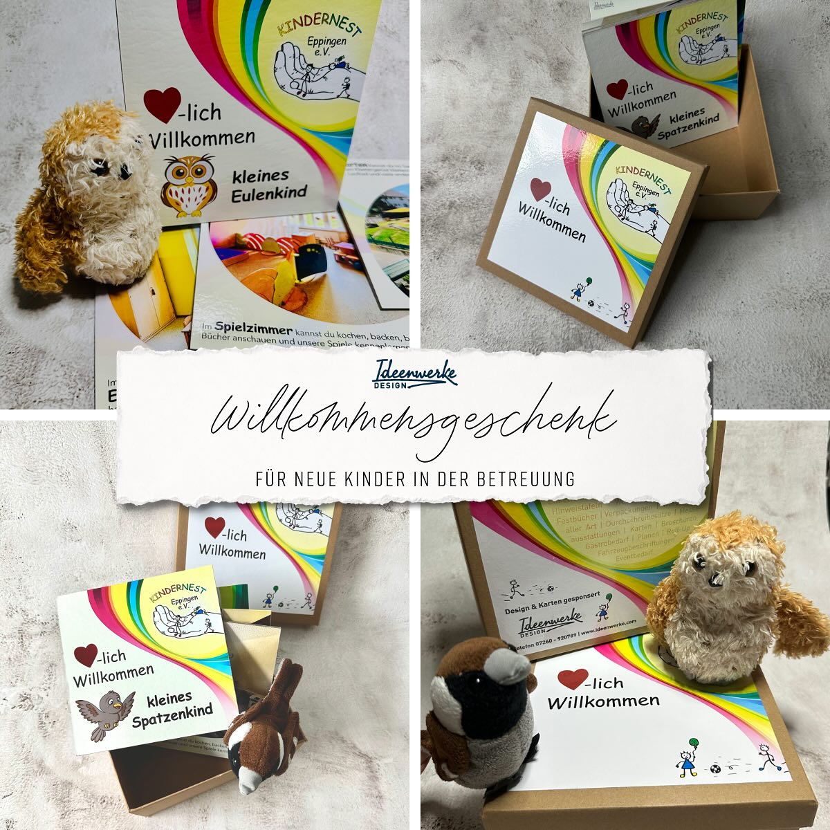 🌱 Willkommen im Kindernest!
Jedes neue Kind bekommt dort eine liebevoll gestaltete Willkommensbox, die beim Ankommen hilft: mit kleinen Karten, die Erzieher*innen, Räume und den Kita-Alltag spielerisch vorstellen. 🧩✨
Begleitet werden die Kinder 👧 👦🏻👶dabei von einem kleinen Spatz 🐦 oder einer klugen Eule 🦉 – je nachdem, zu welcher Gruppe sie gehören. Die Karten laden ein zum Staunen, Fragenstellen, Entdecken – und abends zum Vorlesen mit den Eltern. So wird das “Neue” vertraut – und die Eingewöhnung zu einer sanften, schönen Reise. 💛

Ideenwerke darf in jeder Familie ein Teil davon sein 🥰 Ich sponsere seit Anfang an das Design 🎨 die Umsetzung und die Aufkleber der Boxen – aus Überzeugung und mit viel Herz 💚 und Freude 🥳.
Weil jedes Kind einen liebevollen Start verdient. 🐦📦🦉 #eppingen #kinderbetreuung #kindertagesstätte #kindernest #grafikdesign #aufkleber #box #buchkarten